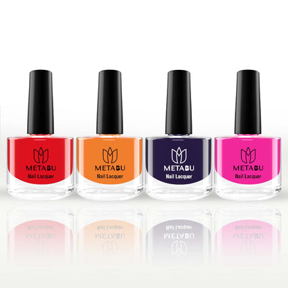 METABU Highly Pigmented & Long Lasting Nail lacquer | Super Glossy Finish | Non-Chipping | Non-Smudging | Gel Effect | Quick Drying Nail Polish | 8 ml- Pack of 4(Combo 3)