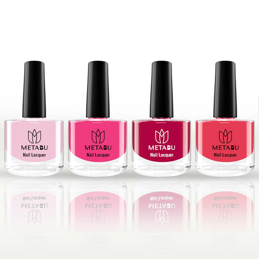 METABU Highly Pigmented & Long Lasting Nail lacquer | Super Glossy Finish | Non-Chipping | Non-Smudging | Gel Effect | Quick Drying Nail Polish | 8 ml- Pack of 4(Combo 9)