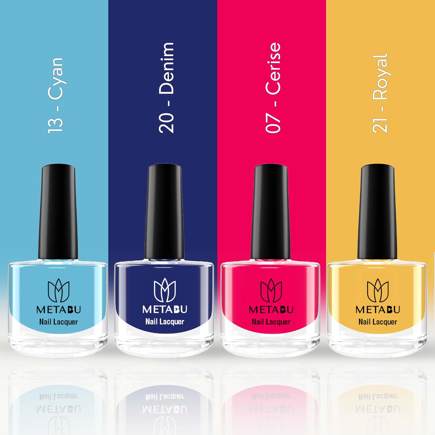 METABU Highly Pigmented & Long Lasting Nail lacquer | Super Glossy Finish | Non-Chipping | Non-Smudging | Gel Effect | Quick Drying Nail Polish | 8 ml- Pack of 4(Combo 5)