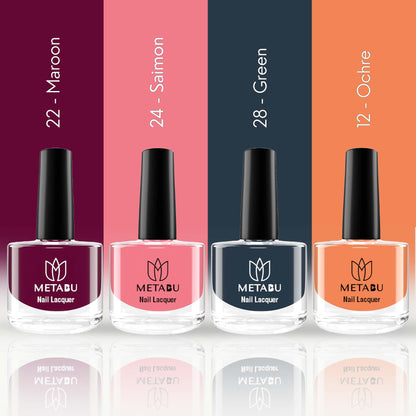 METABU Highly Pigmented & Long Lasting Nail lacquer | Super Glossy Finish | Non-Chipping | Non-Smudging | Gel Effect | Quick Drying Nail Polish | 8 ml- Pack of 4(Combo 6)