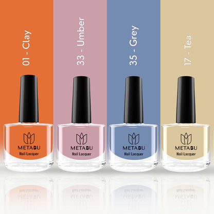 METABU Highly Pigmented & Long Lasting Nail lacquer | Super Glossy Finish | Non-Chipping | Non-Smudging | Gel Effect | Quick Drying Nail Polish | 8 ml- Pack of 4(Combo 8)